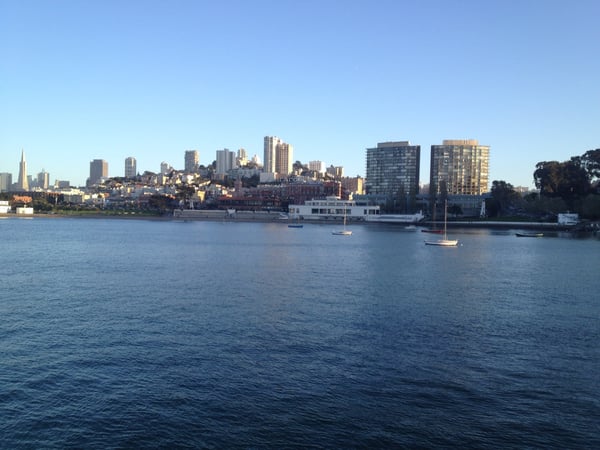 San Francisco skyline with sailboats anchored in the bay, viewed from Fort Mason across the water. — Fort Mason, San Francisco