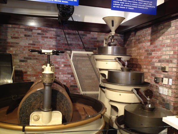 Historical chocolate-making machinery and equipment displayed in a museum exhibit with exposed brick walls. — San Francisco