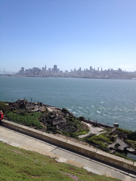 San Francisco skyline viewed across the bay from Alcatraz Island, with the Golden Gate Bridge visible on the left. — Alcatraz Island, San Francisco
