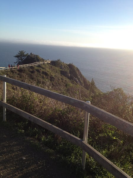 Muir Beach Overlook with wooden railings framing a coastal vista over the Pacific Ocean and rocky headland. — Muir Beach Overlook, San Francisco