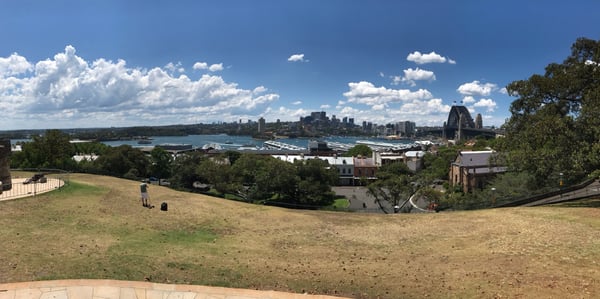 Sydney Harbour and cityscape viewed from Observatory Hill Park, featuring the Harbour Bridge and downtown skyline…
