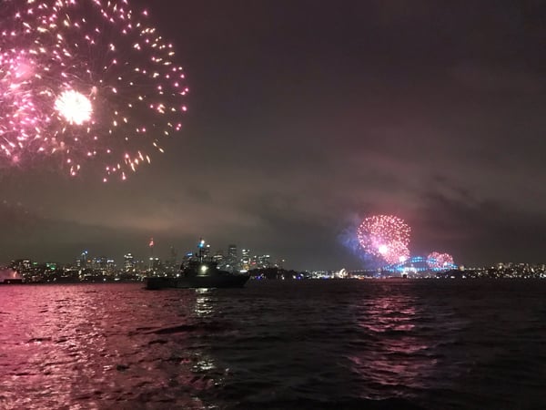 Pink and blue fireworks exploding over Sydney Harbour with city skyline and a ferry visible from the water's edge. — Mosman, Sydney
