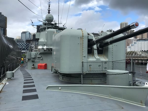 Military naval vessel on display in Sydney Harbour with city skyline and contemporary architecture visible from the… — Sydney, Sydney