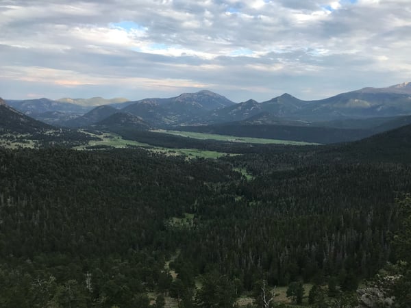 Expansive valley with forested slopes and distant peaks viewed from Many Parks Curve Overlook in Estes Park, Colorado. — Many Parks Curve Overlook, Rocky Mountain National Park
