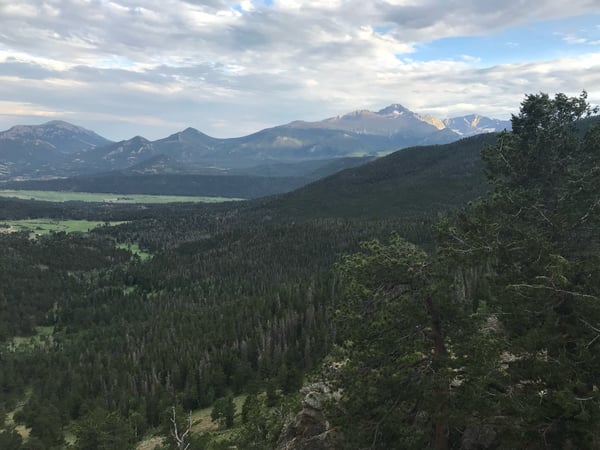 Mountain valley with coniferous forest and distant peaks viewed from Many Parks Curve Overlook in Estes Park, Colorado. — Many Parks Curve Overlook, Rocky Mountain National Park