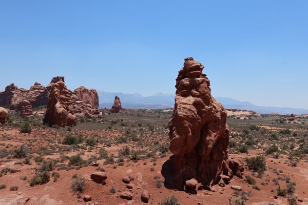 Distinctive red rock formations scattered across an arid desert landscape with distant mountains under clear skies. — Arches National Park, Moab, Arches & Canyonlands