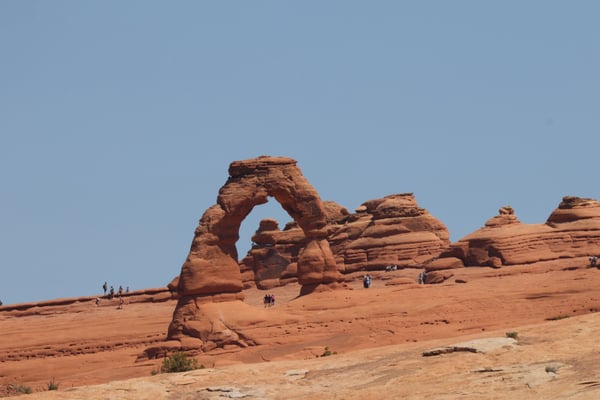 Delicate Arch, a freestanding natural arch formation, viewed from the Lower Delicate Arch Viewpoint in Moab, Utah. — Lower Delicate Arch Viewpoint, Moab, Arches & Canyonlands