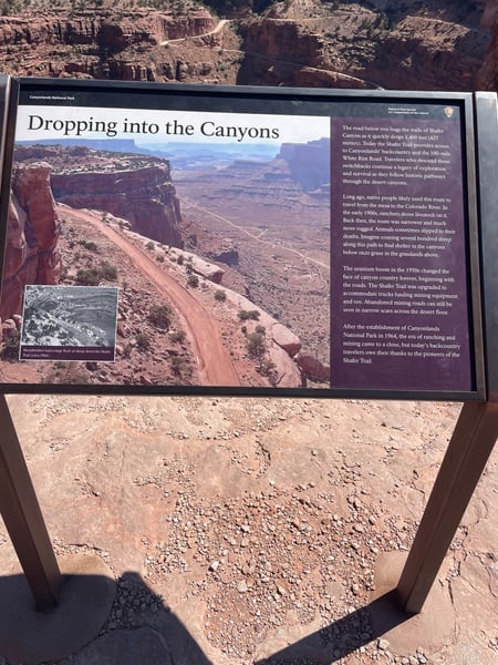 Shafer Canyon Overlook interpretive sign showing the dramatic 1,400-foot descent into canyon country, viewed from the… — Shafer Canyon Overlook, Moab, Arches & Canyonlands