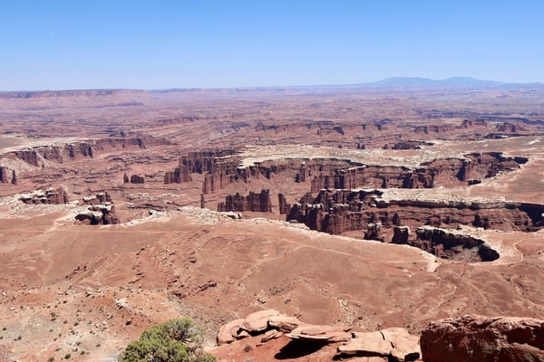Vast desert landscape with distinctive red rock formations and buttes viewed from Grand View Point Overlook. — Moab, Arches & Canyonlands