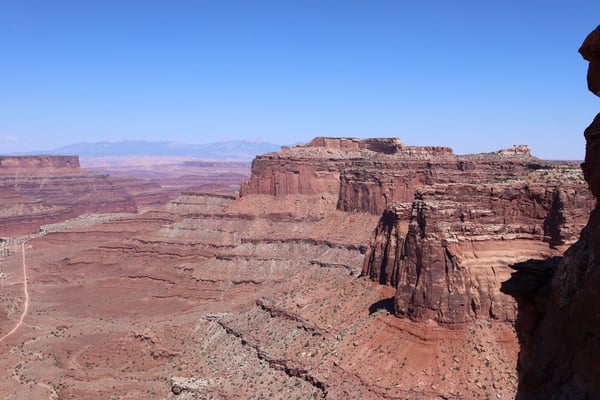 Red rock formations and canyon landscape viewed from Shafer Canyon Overlook near Moab, Utah, with distant buttes… — Shafer Canyon Overlook, Moab, Arches & Canyonlands