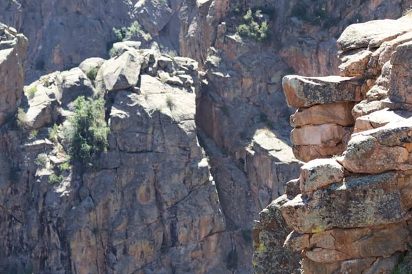 Dramatic canyon walls and stratified rock formations at Chasm View, viewed from a mesa overlook. — Chasm View, Black Canyon of the Gunnison