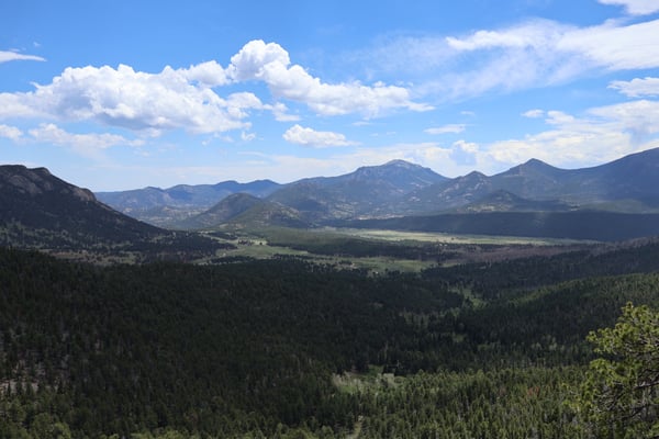 Expansive mountain valley with forested slopes and distant peaks viewed from Many Parks Curve Overlook. — Many Parks Curve Overlook, Rocky Mountain National Park
