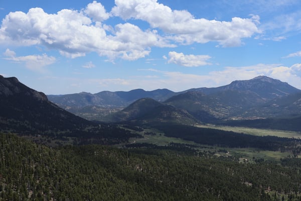 Mountain valley vista with forested slopes and distant peaks viewed from Many Parks Curve Overlook on Trail Ridge Road. — Many Parks Curve Overlook, Rocky Mountain National Park