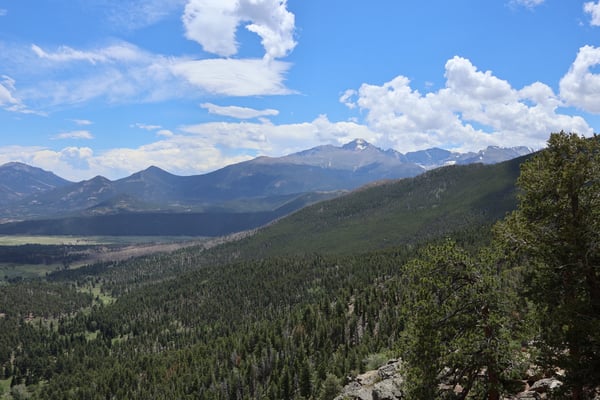 Alpine valley with coniferous forest and snow-capped peaks viewed from Many Parks Curve Overlook. — Many Parks Curve Overlook, Rocky Mountain National Park