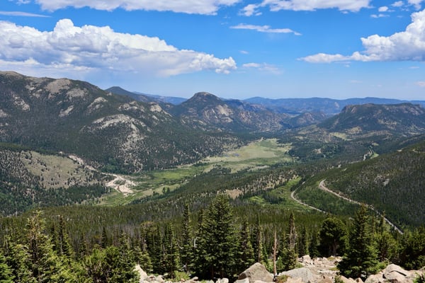 Forested mountain valley with winding river viewed from Rainbow Curve Overlook in Estes Park, Colorado. — Rocky Mountain National Park