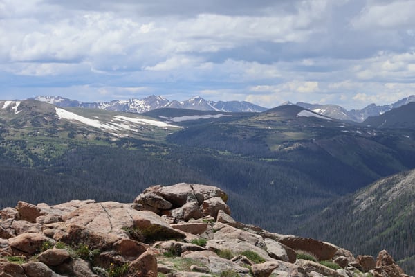 Snow-capped peaks and forested valleys viewed from rocky outcrop at Forest Canyon Overlook. — Rocky Mountain National Park