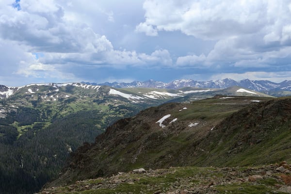 Alpine valley with coniferous forest and snow-capped peaks viewed from Tundra Communities Trailhead in summer. — Tundra Communities Trailhead, Rocky Mountain National Park