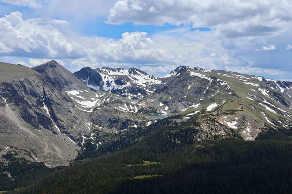 Alpine valley with snow-capped peaks, coniferous forest, and a mountain lake viewed from Tundra Communities Trailhead. — Tundra Communities Trailhead, Rocky Mountain National Park