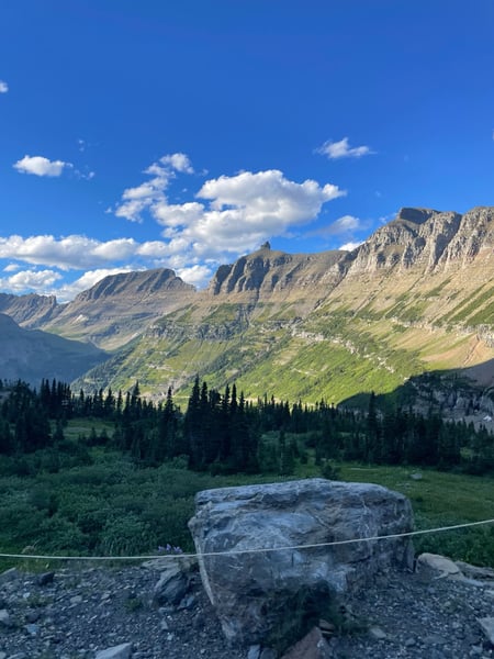 Mountain valley with coniferous forest and layered peaks viewed from a rocky overlook near Glacier National Park…