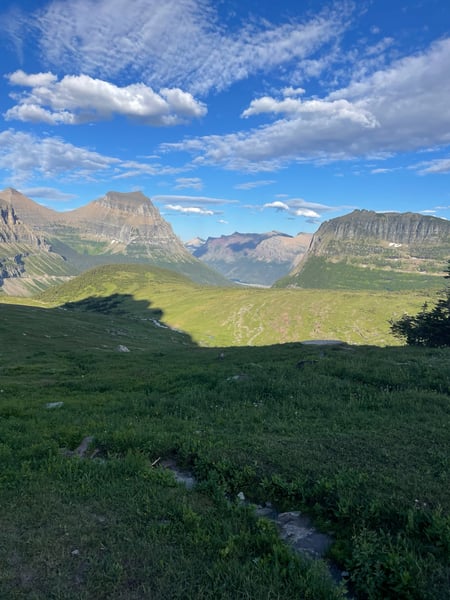 Alpine valley with glacially-carved peaks and forested slopes viewed from a grassy meadow with streams at Rising Sun… — Glacier National Park