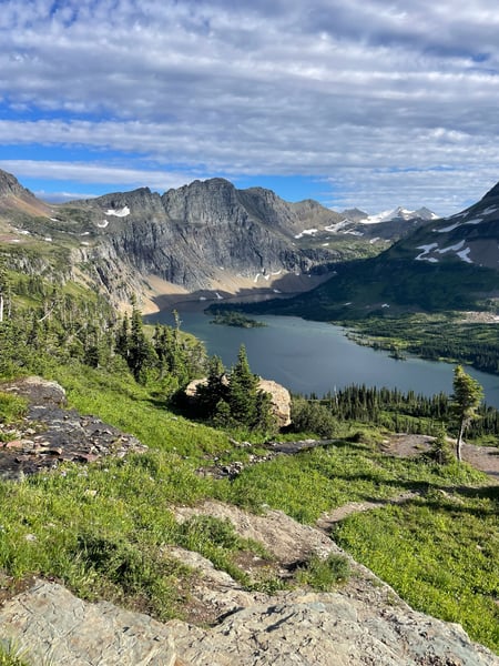 Alpine lake surrounded by coniferous forest and jagged mountain peaks viewed from a high elevation rocky outcrop. — Glacier National Park