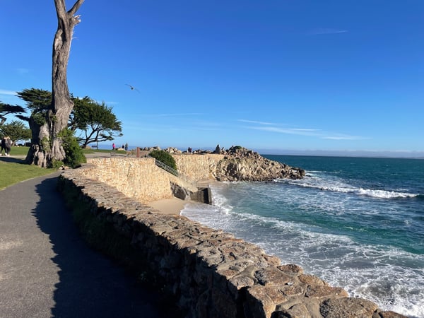 Rocky coastal shoreline with stone fortification viewed from a seaside park promenade in Pacific Grove, California. — Pacific Grove Acres, Monterey & Carmel