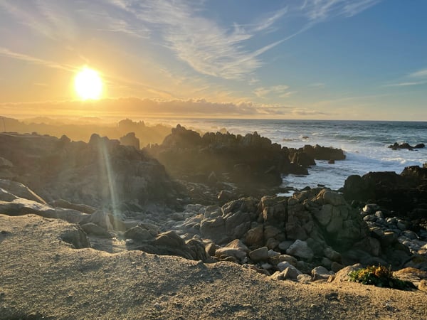 Rocky coastal landscape with distinctive granite formations at sunset overlooking the Pacific Ocean in Pacific Grove… — Pacific Grove Acres, Monterey & Carmel