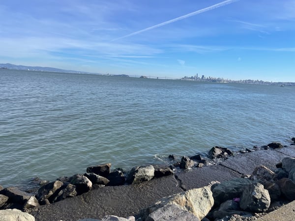 San Francisco skyline and Golden Gate Bridge viewed across the bay from a rocky beach in Sausalito, California.