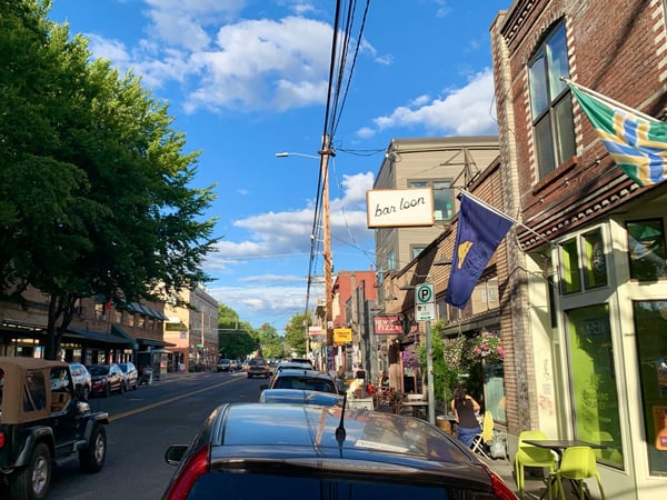 Urban street scene with brick buildings, shops, and Bar Loon storefront on a tree-lined downtown street. — Sunnyside, Portland