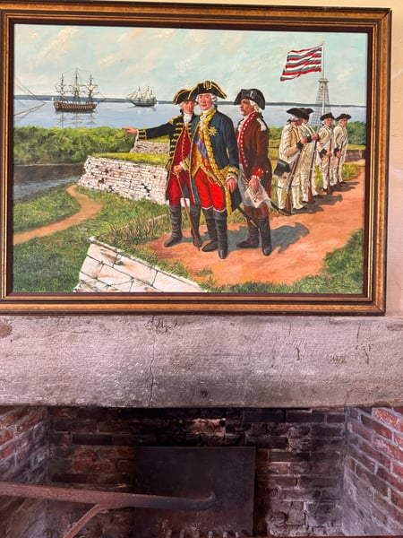 Historical mural depicting 18th-century colonial military officers and naval vessels at a riverside fortification. — Southwest Philadelphia, Philadelphia