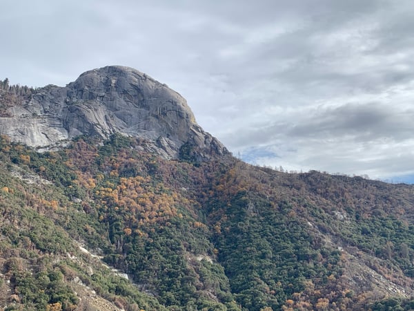 Granite dome peak rising above forested mountainside in autumn, viewed from a hillside vantage point in Sequoia… — Sequoia & Kings Canyon