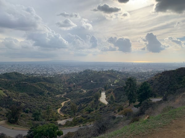 Los Angeles sprawl viewed from Griffith Park hillside, with winding river and forested canyons in foreground under… — Griffith Park, Los Angeles