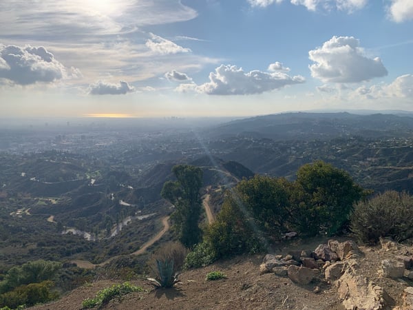 Panoramic view of Los Angeles basin and surrounding hills from a high vantage point in Griffith Park, with winding… — Griffith Park, Los Angeles