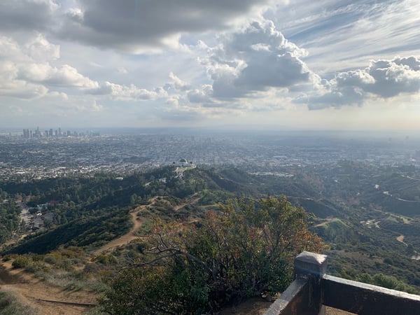 Los Angeles skyline and sprawling cityscape viewed from Griffith Observatory overlook in the Hollywood Hills. — Griffith Park, Los Angeles