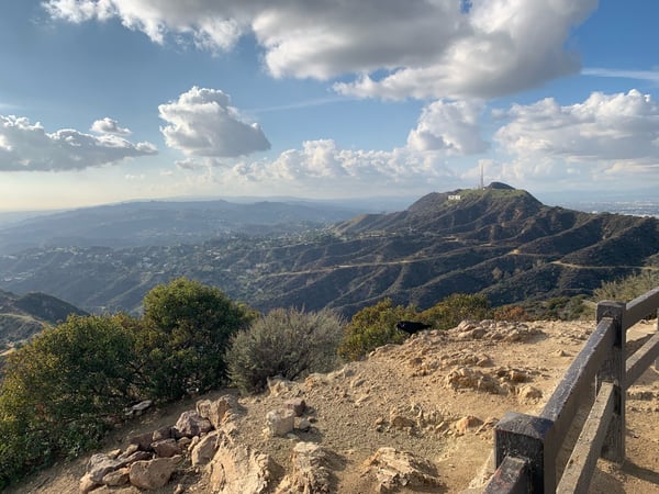 Panoramic view of Los Angeles basin and surrounding hills from Griffith Park overlook, with Griffith Observatory… — Griffith Park, Los Angeles