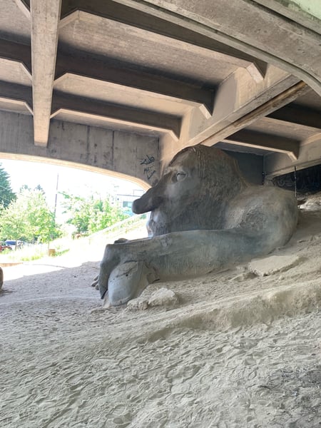 Troll sculpture beneath the Fremont Bridge in Seattle, Washington, a famous public art installation. — Fremont Troll, Seattle