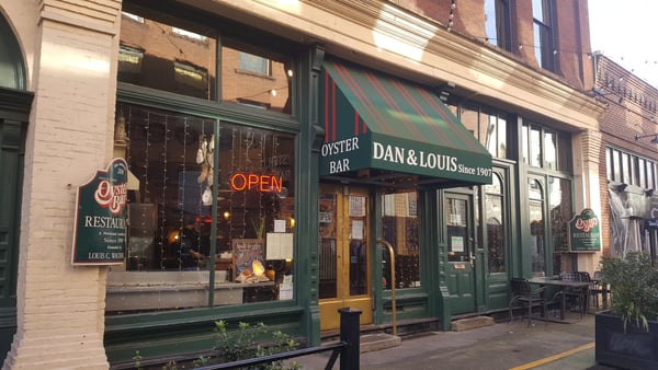 Dan & Louis Oyster Bar storefront in Portland's Old Town, a historic seafood restaurant established in 1907. — Old Town, Portland