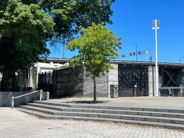 Public plaza with large-scale mural art and commemorative steps beneath a bridge overpass on a clear summer day. — Tom McCall Waterfront Park, Portland